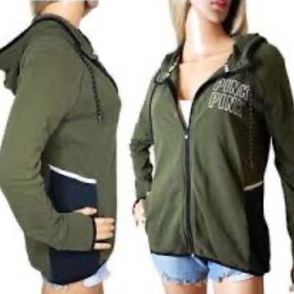 PINK Victoria's Secret Olive Hoodie with Black Details - Picture 1 of 7